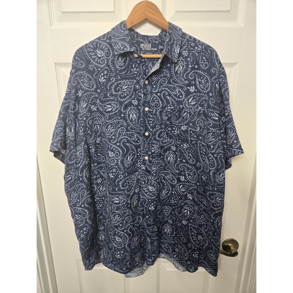 Polo Ralph Lauren Cambridge Baggy 100% Linen Paisley Shirt 3/4 Button Mens XL
